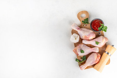 Chicken meat preparation background, raw chicken legs ready for grilling, with spices, salt, pepper, olive oil, garlic and marinade or sauce. Grilll and bbq season cooking background, copy spaceの写真素材
