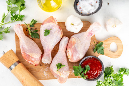 Chicken meat preparation background, raw chicken legs ready for grilling, with spices, salt, pepper, olive oil, garlic and marinade or sauce. Grilll and bbq season cooking background, copy spaceの写真素材