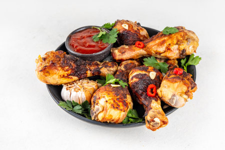 Grill and barbeque season recipes. Grilled chicken legs with garlic, spices, parsley, bbq sauce and olive oil. Tasty broiler drumstick ready for dinner on lunch. Chicken meat, barbecue menu backgroundの写真素材