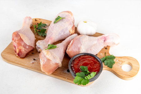 Chicken meat preparation background, raw chicken legs ready for grilling, with spices, salt, pepper, olive oil, garlic and marinade or sauce. Grilll and bbq season cooking background, copy spaceの写真素材