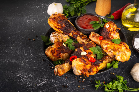 Grill and barbeque season recipes. Grilled chicken legs with garlic, spices, parsley, bbq sauce and olive oil. Tasty broiler drumstick ready for dinner on lunch. Chicken meat, barbecue menu backgroundの写真素材