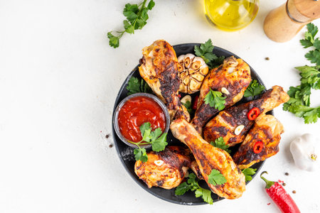 Grill and barbeque season recipes. Grilled chicken legs with garlic, spices, parsley, bbq sauce and olive oil. Tasty broiler drumstick ready for dinner on lunch. Chicken meat, barbecue menu backgroundの写真素材