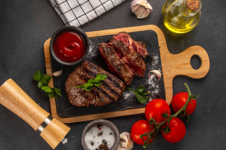 Grilled beef steak on wooden cutting board with ketchup sauce and condiments, top view copy spaceの写真素材