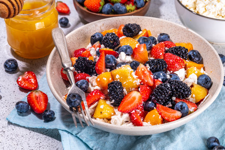 Summer fruit and berry salad with cottage cheese. Big bowl with breakfast or lunch salad with sliced fruits, blueberry, strawberry, blackberry and high-protein curd cheese sauceの写真素材