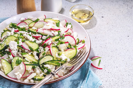 High-protein diet vegetable salad with cottage cheese. Fresh curd cheese salad with cucumbers and radish, copy spaceの写真素材