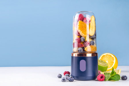 Healthy fruit and berry smoothie drink in portable portioned blender, Juicer Cup for smoothie, juice and shakes. Fruits in transparent blender cup and on table background, glass with fresh fruit shakeの写真素材