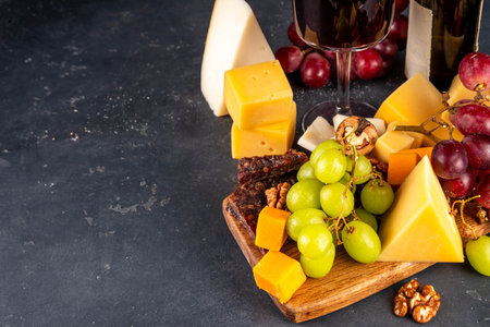 Tasty delicious cheese and dried sausage appetizers board, with wine, nuts, grapes fruits, antipasto brunch snack, copy spaceの写真素材