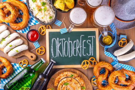 Oktoberfest munich traditional festival menu foods - bavarian sausages, pretzels, potato, sauerkraut, beer bottle and mug,  Background flier for Oktoberfest invitation on old wooden table copy spaceの写真素材
