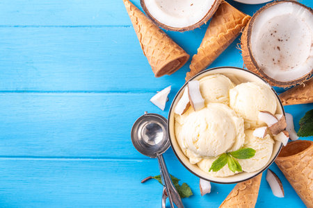 Vegan creamy coconut sorbet ice cream. Bowl with classic white coconut flavor non-dairy vegetarian gelato made with coconut milk, creamy frozen summer dessertの写真素材