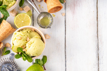 Summer refreshing cold dessert, tasty aromatic mojito or key lime pie ice cream, homemade sorbet with mojito cocktail flavor in ceramic bowl, with fresh lime, mint, waffle cones on wooden backgroundの写真素材