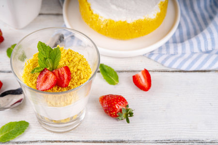 Classic cheesecake in glass, with fresh strawberry and golden cookie crumble. Layered cheesecake dessert with fresh strawberries on white wooden table copy spaceの写真素材