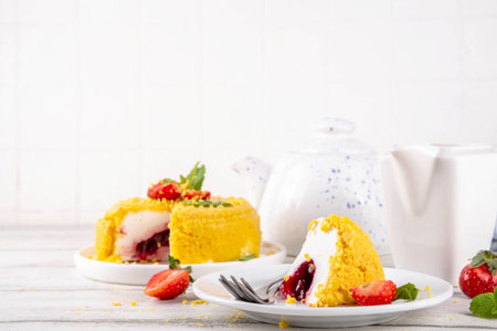 No-bake Upside Down Cheesecake, viral trendy version of classic Cheesecake New York with golden cookie crumbles, white cream cheese and berry jam layers, with fresh strawberry and mint on wooden tableの写真素材