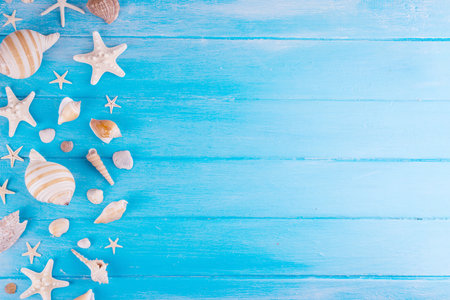 Simple minimal pattern background with seashells and starfish. Summer holiday and travel background, border for invitation, top view copy spaceの写真素材