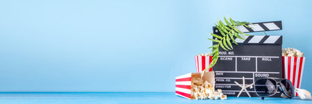 Summer holiday and vacation movie cinema marathon background Cinema clapper-board with sunglasses, seashells, starfish, popcorn buckets, vacation accessories, Cinema for the summer Movie Night partyの写真素材