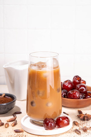 Healthy organic date seed coffee, iced coffee latte cup, made with grated date seeds, with whole date fruits and seeds on beige background . Alternative coffee hot drinkの写真素材