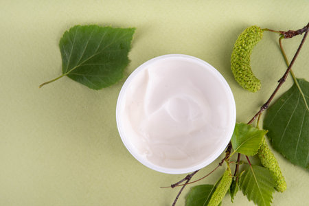 Birch Juice cream, Moisturizer and cleansing gel set of herbal organic facial cosmetics. Natural skin care with birch extracts, in different cosmetics mock-up jars on light green backgroundの写真素材