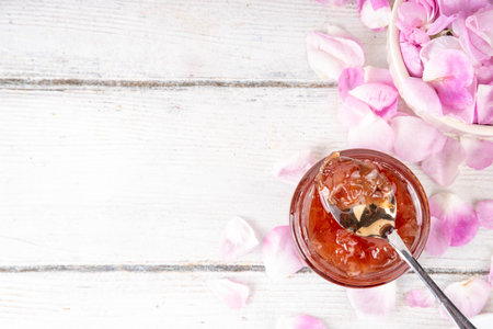Rose petals jam, sweet tasty flower dessert, homemade confiture preserves with organic dessert roses petals, sugar and honey, in small jar on white table.の写真素材