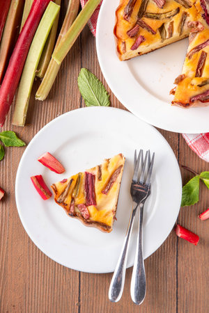 Summer homemade baking, tasty rhubarb pie. Sweet seasonal dessert recipe, sponge cake with rhubarb slices on top and sweet jam insideの写真素材