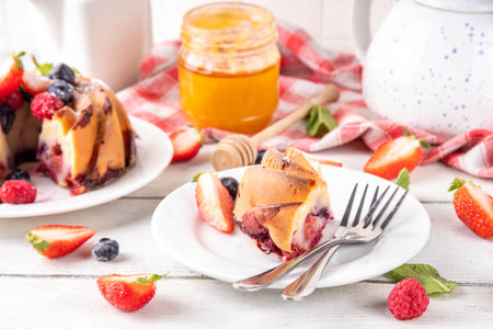 Sweet summer bundt cake with fresh fruit and berry. Traditional round sponge cake, seasonal dessert with strawberry, raspberry, blueberry, honey and sugar sprinkles, white wooden table copy spaceの写真素材