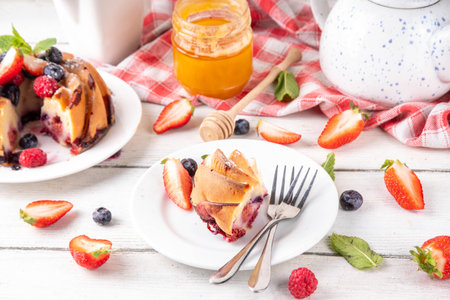 Sweet summer bundt cake with fresh fruit and berry. Traditional round sponge cake, seasonal dessert with strawberry, raspberry, blueberry, honey and sugar sprinkles, white wooden table copy spaceの写真素材