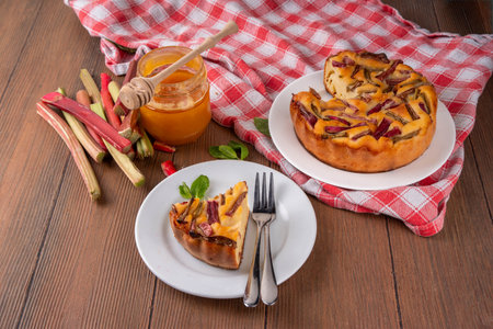 Summer homemade baking, tasty rhubarb pie. Sweet seasonal dessert recipe, sponge cake with rhubarb slices on top and sweet jam insideの写真素材