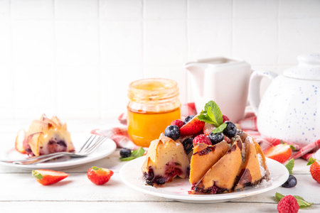 Sweet summer bundt cake with fresh fruit and berry. Traditional round sponge cake, seasonal dessert with strawberry, raspberry, blueberry, honey and sugar sprinkles, white wooden table copy spaceの写真素材