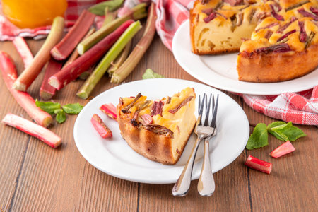 Summer homemade baking, tasty rhubarb pie. Sweet seasonal dessert recipe, sponge cake with rhubarb slices on top and sweet jam insideの写真素材