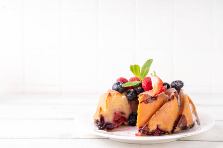 Sweet summer bundt cake with fresh fruit and berry. Traditional round sponge cake, seasonal dessert with strawberry, raspberry, blueberry, honey and sugar sprinkles, white wooden table copy spaceの写真素材