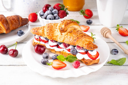 Sweet breakfast croissant sandwich with whipped cream, fresh fruit and berry. Tasty summer lunch or snack with fresh baked croissant, filled with strawberry, blueberry, cherry, raspberry, nutsの写真素材