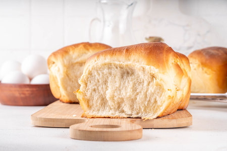 Japanese bread Shokupan, Hokkaido milk bread, or simply milk fluffy buns, on kitchen table, copy spaceの写真素材