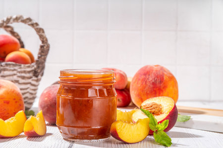 Homemade sweet sour peach chutney jam preserves with spices and raisins, in small jar, with fresh ripe peaches on white wooden tableの写真素材
