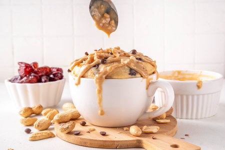 Healthy vegan Peanut Butter banana bread Mugcake, Rich and delicious peanut buttery microwave made mug cake with dates, chocolate drops, with Peanut Butter topping, nuts and chocolateの写真素材
