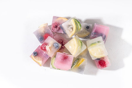 Infused fruit gin tonic ice cubes for iced summer cocktail and drinks, assorted homemade various ice cubes with berries, lemon, cucumber, lime on white background copy spaceの写真素材