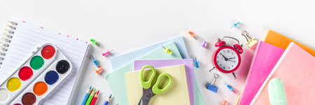 Back to school concept. Flatlay on white background with various school office supplies and stationery, top view copy spaceの写真素材