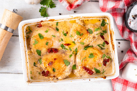Marry me chicken, baked chicken legs with creamy tomato with gravy, trendy chicken meat recipe with sun dried tomatoes, parmesan cheese and hard cream, on white wooden table with cooking ingredientsの写真素材