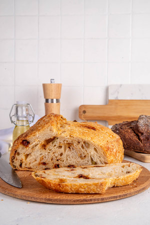 Homemade freshly baked sourdough bread. Craft homemade baked bread, rye and white, on a white table. The girl's hands in the picture are cutting freshly baked fragrant bread copy spaceの写真素材