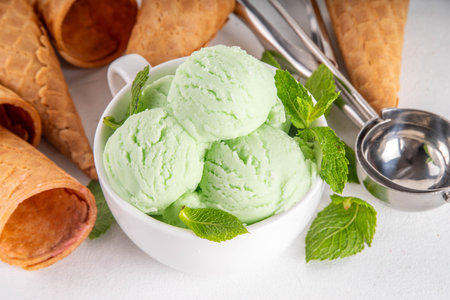 Green mint or melissa homemade ice cream, refreshing sweet sorbet dessert in serving bowl, with waffle ice cream cones on white backgroundの写真素材