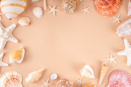 Simple minimal pattern background with seashells and starfish. Summer sale, holiday and travel...