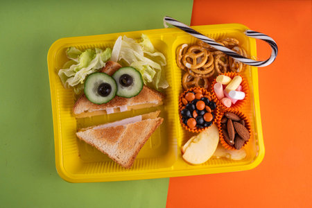 Halloween funny kids food, school lunch box with crackers, monster healthy cheesy sandwich, cookies and treats, on bright colorful background copy space top viewの写真素材