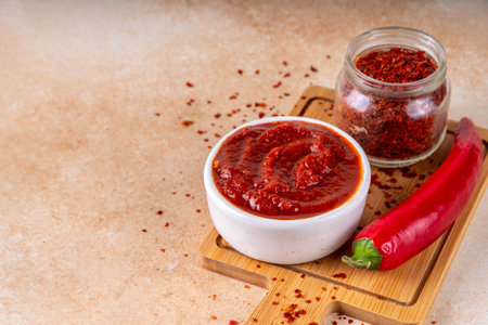 Traditional Korean fermented red chili pepper paste, Gochujang, spicy, sweet-salty, deep umami flavor, food ingredient for preparing Asian dishesの写真素材