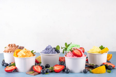 Frozen yogurt assortment. Soft creamy ice cream with chocolate, vanilla, berry, fruit flavors. Various tastes frozen yogurt cup with ingredients - blueberry, chocolate, strawberry, orange, lemon, mintの写真素材