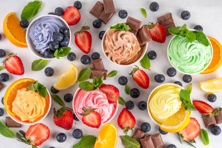 Frozen yogurt assortment. Soft creamy ice cream with chocolate, vanilla, berry, fruit flavors. Various tastes frozen yogurt cup with ingredients - blueberry, chocolate, strawberry, orange, lemon, mintの写真素材