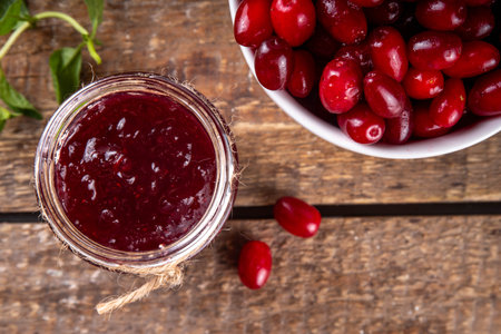 Cornelian cherry, dogwoods edible berry jam or marmalade in small jar with fresh berries on wooden table, copy spaceの写真素材