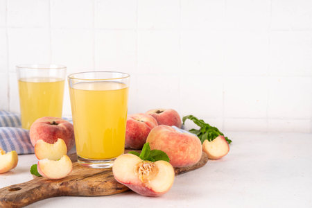 Flat chinese donuts fig peach juice with fresh fig peaches and mint in white background copy spaceの写真素材