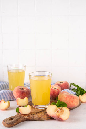 Flat chinese donuts fig peach juice with fresh fresh fig peaches and mint in white background copy spaceの写真素材
