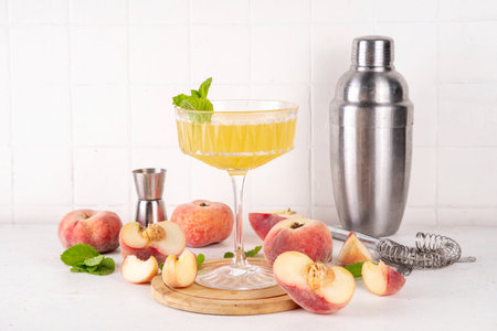 Flat peach martini or margarita lemonade cold fruit drink, summer iced fruit juice cocktail with mint and lemon, on white tableの写真素材