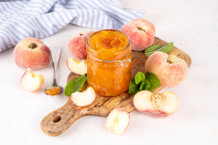 homemade confiture preserves with fresh fig peaches and mint in white background copy spaceの写真素材