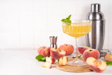 Flat peach martini or margarita lemonade cold fruit drink, summer iced fruit juice cocktail with mint and lemon, on white tableの写真素材