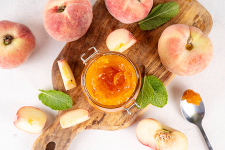 Flat chinese donuts fig peach jam, homemade confiture preserves with fresh fig peaches and mint in white background copy spaceの写真素材