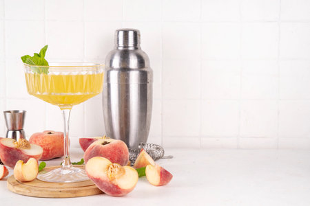 Flat peach martini or margarita lemonade cold fruit drink, summer iced fruit juice cocktail with mint and lemon, on white tableの写真素材